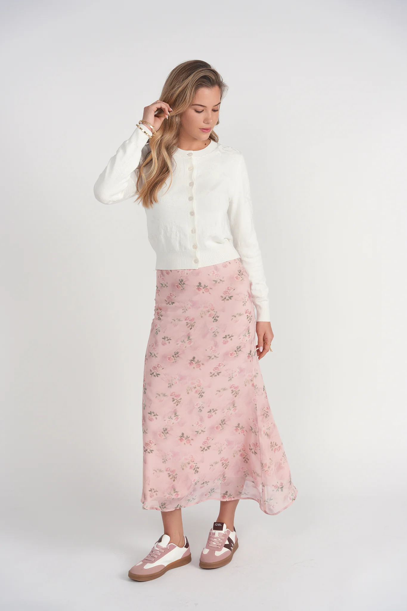 Bias Cut Midi Skirt- Pink Floral Chiffon - Image 3