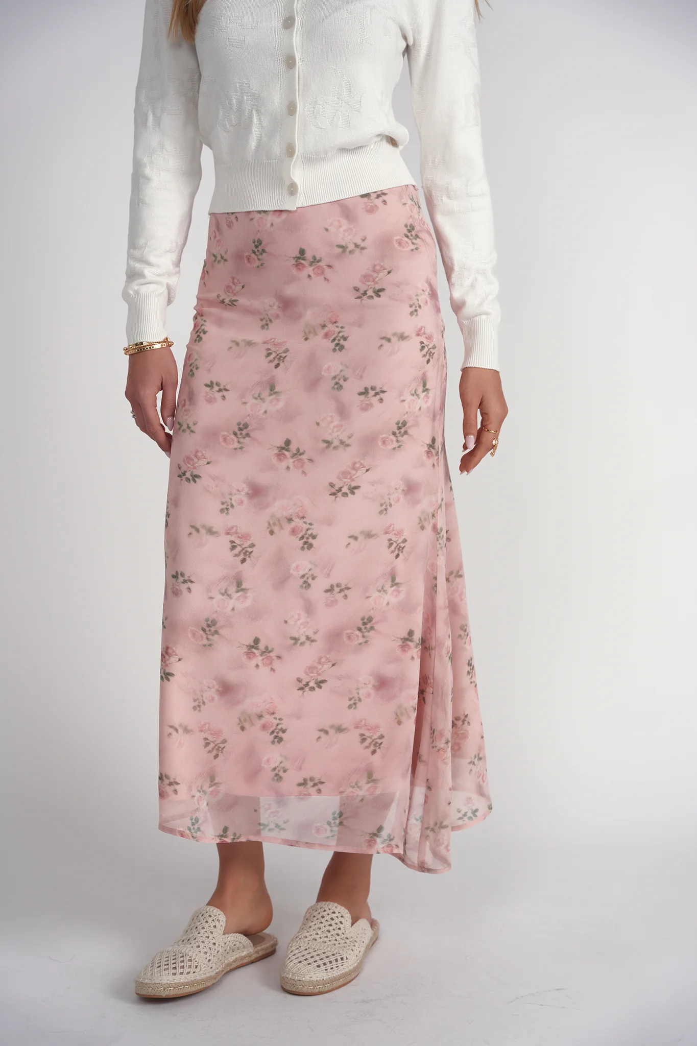 Bias Cut Midi Skirt- Pink Floral Chiffon - Image 4