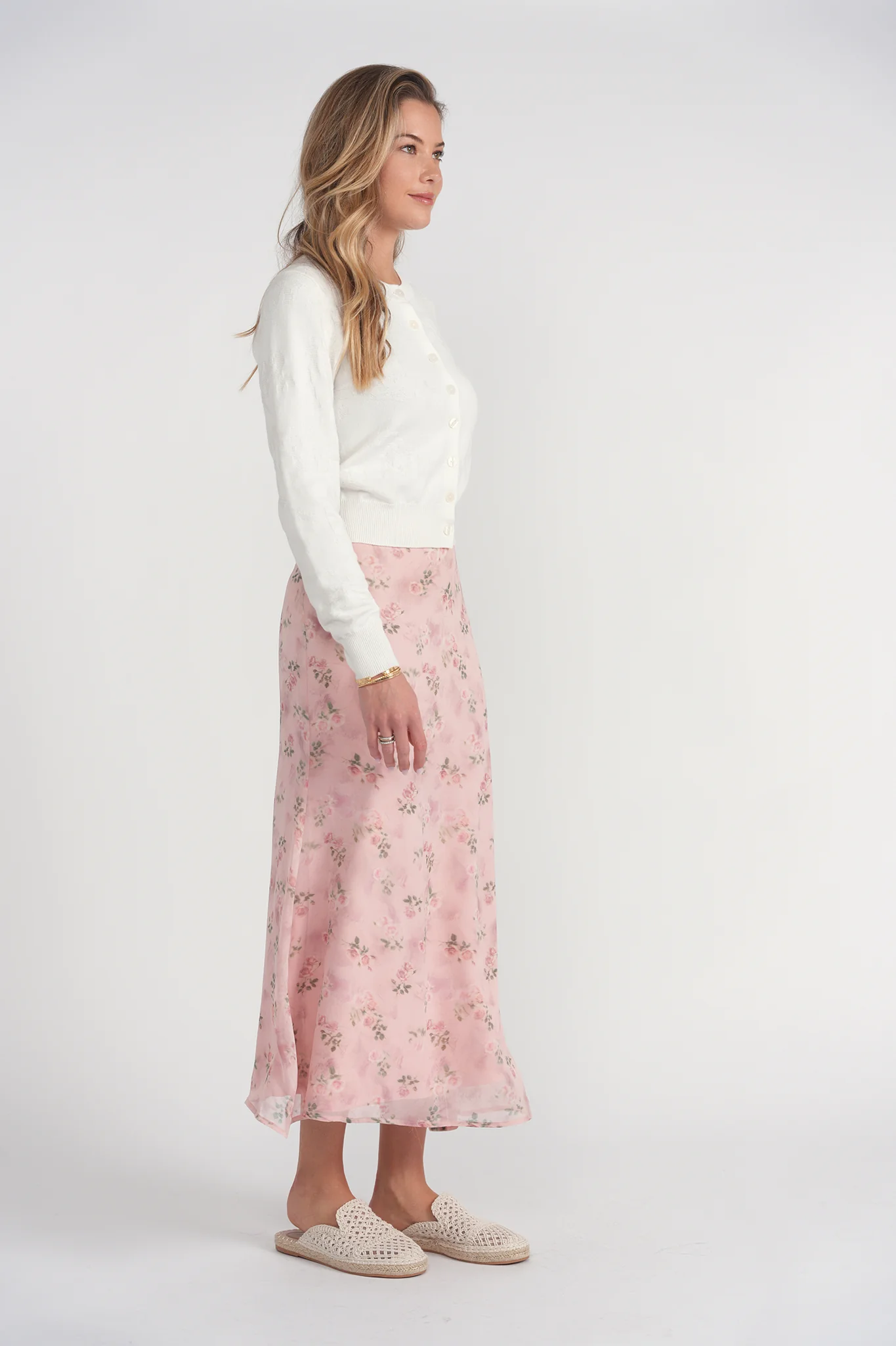 Bias Cut Midi Skirt- Pink Floral Chiffon - Image 5