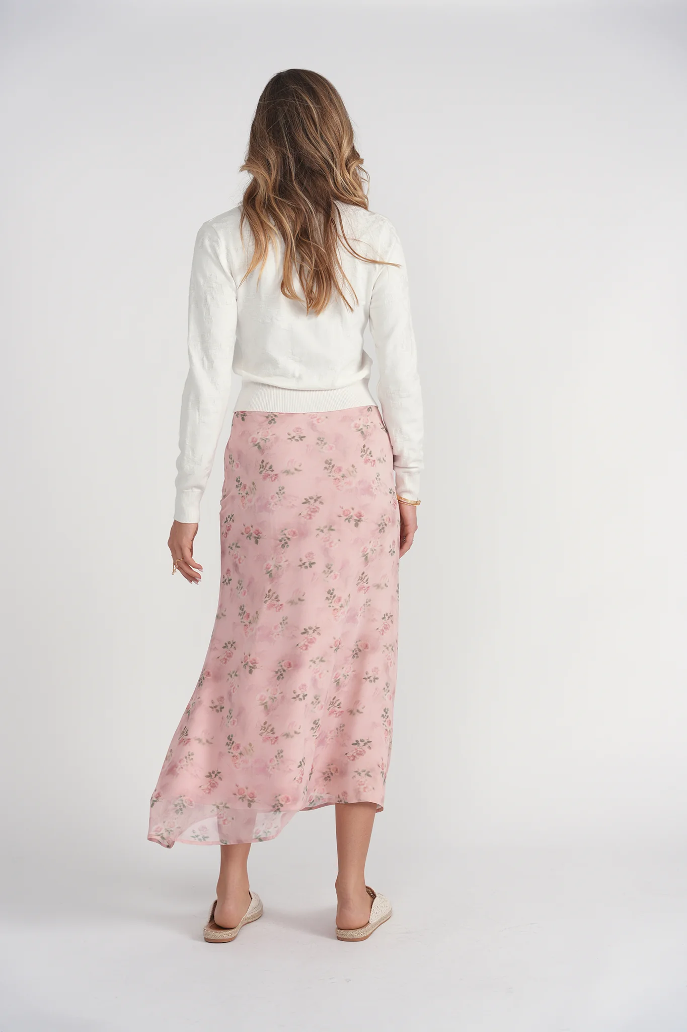 Bias Cut Midi Skirt- Pink Floral Chiffon - Image 6