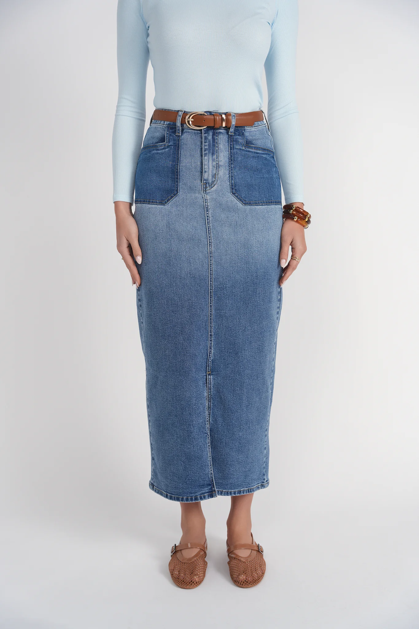 Contrast Pocket Midi Skirt- Blue Denim - Image 4