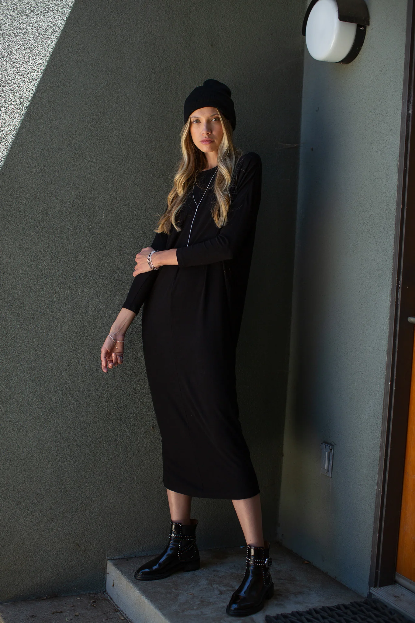 Dolman Sleeve Rib Maxi Dress- Black - Image 3