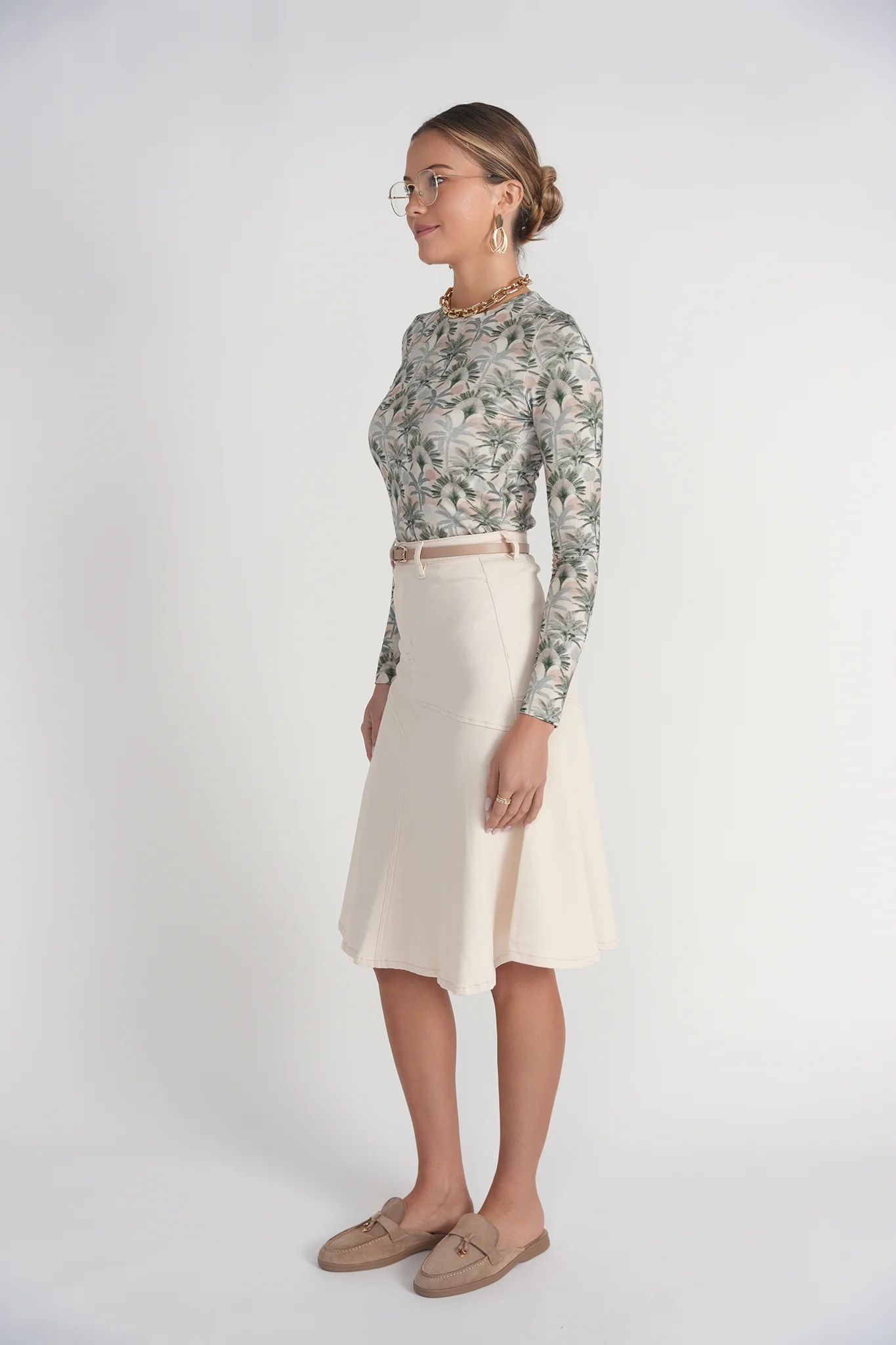 Drop Hem Denim Skirt 25”- Cream - Image 3