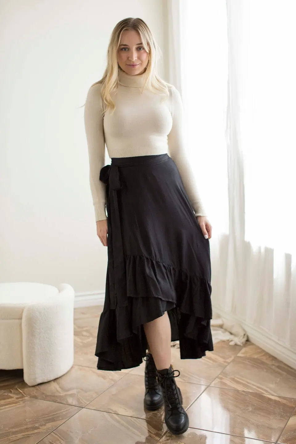 Faux Wrap Hi Lo Skirt- Black - Image 4