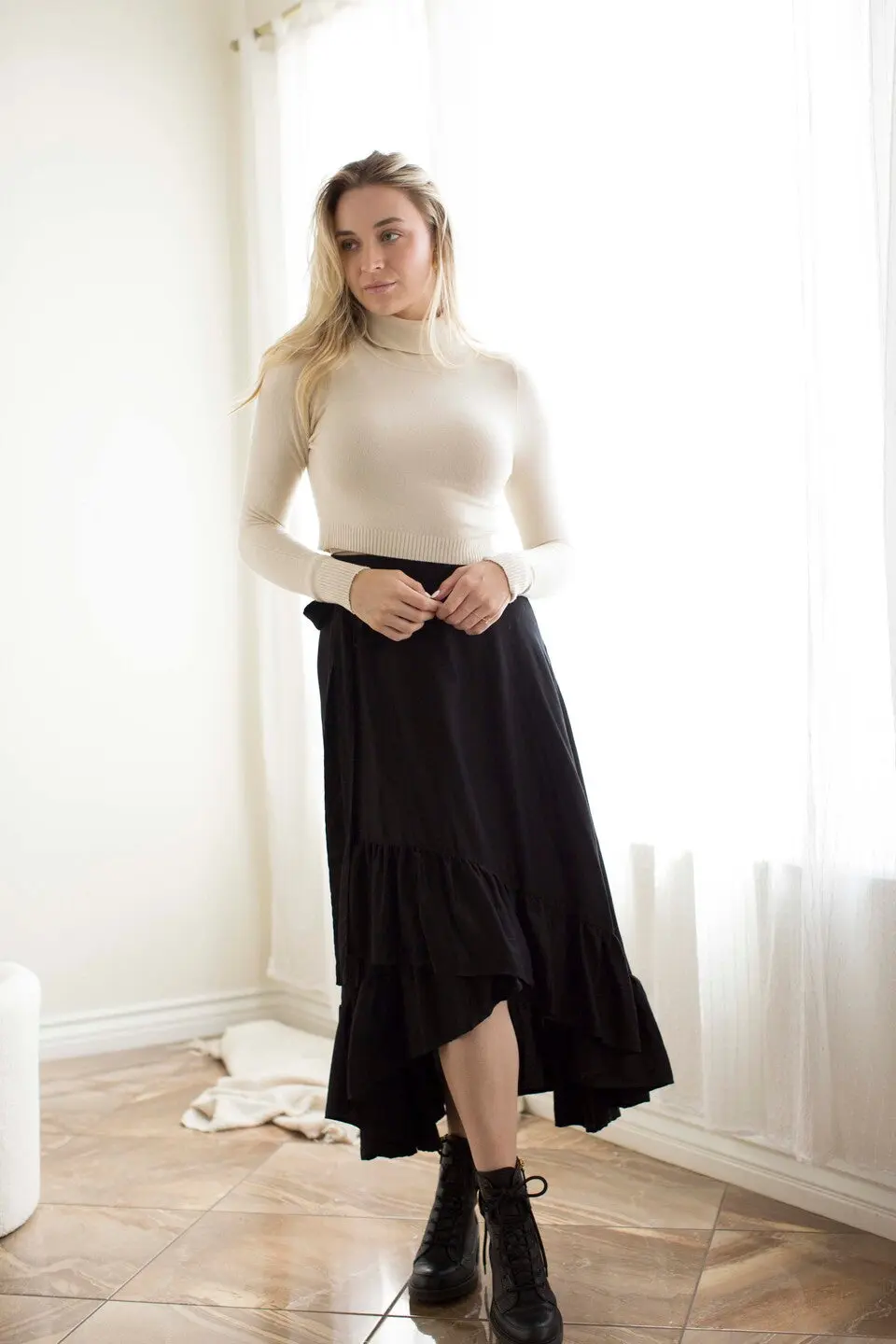 Faux Wrap Hi Lo Skirt- Black - Image 5