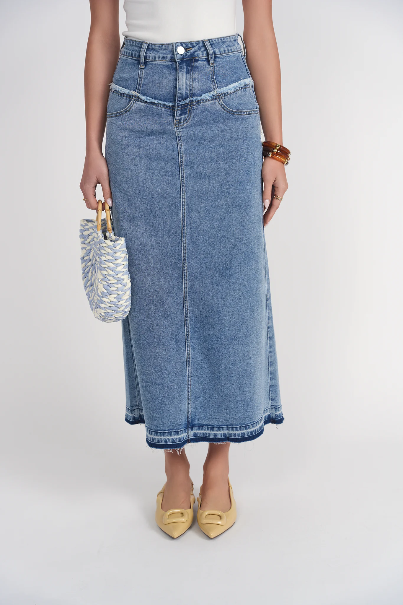 Fray Detail Denim Skirt- Light Wash Blue Denim - Image 4