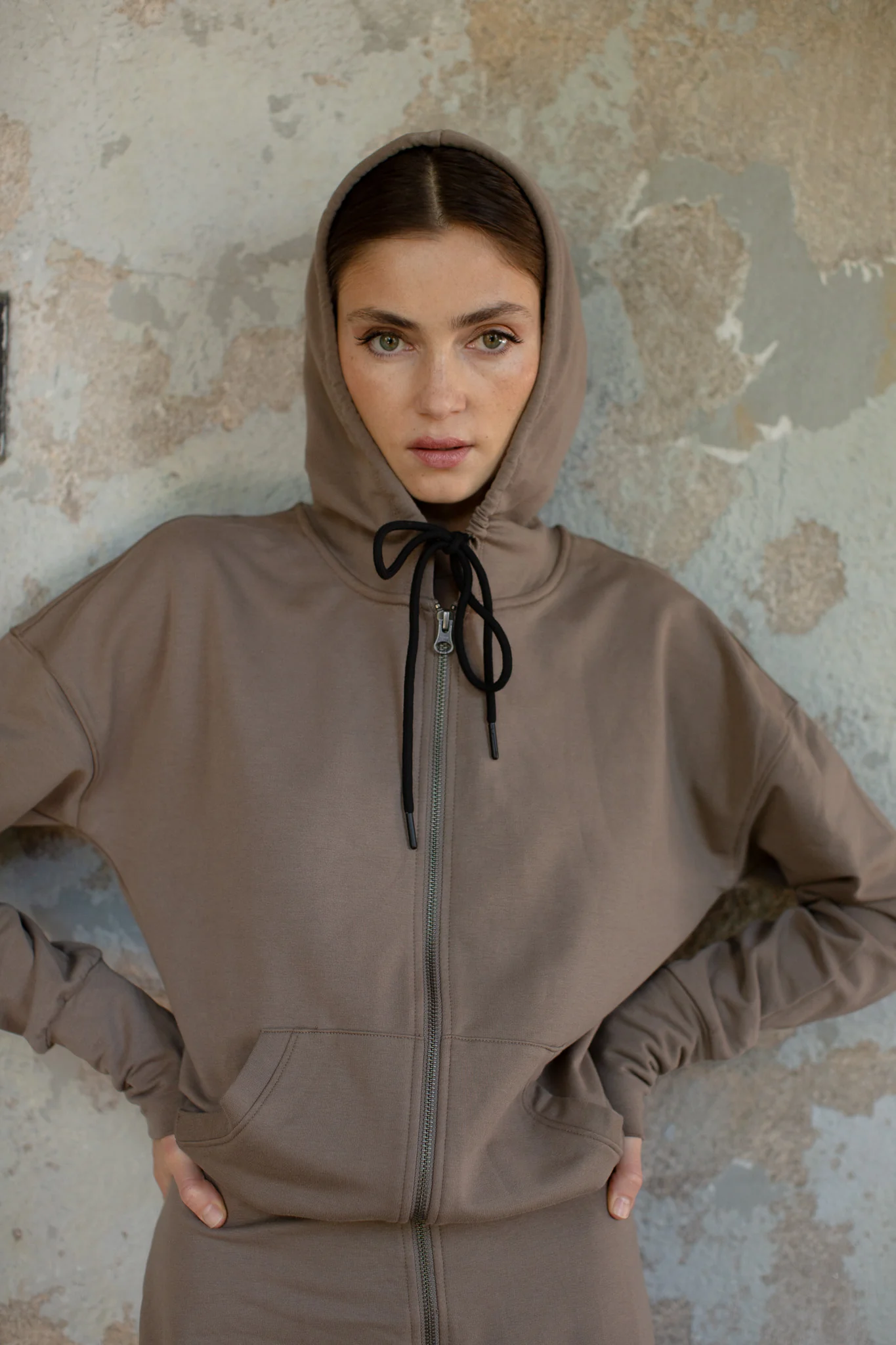 Front Zip Hoodie Dress- Taupe - Image 3
