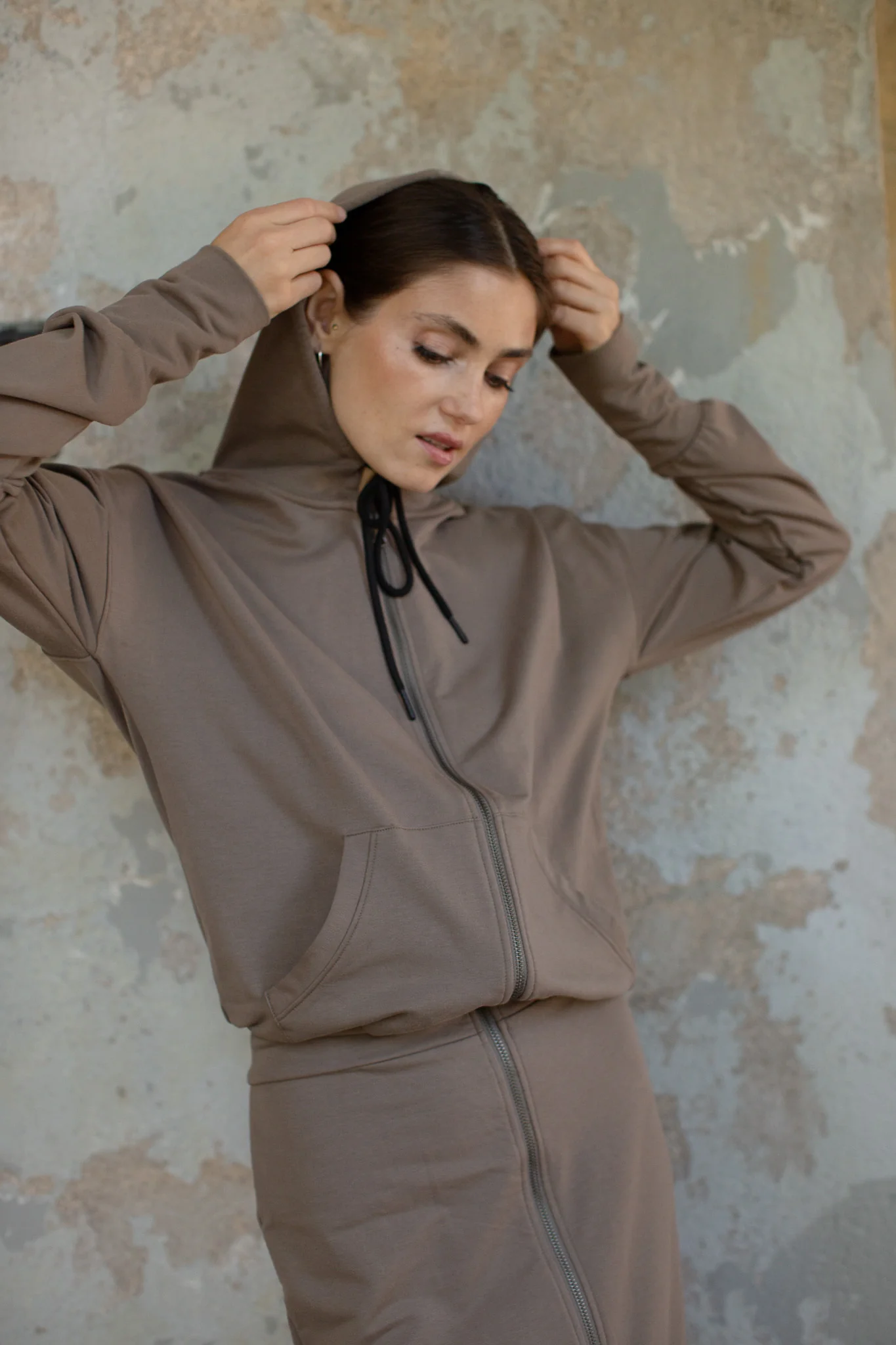Front Zip Hoodie Dress- Taupe - Image 4
