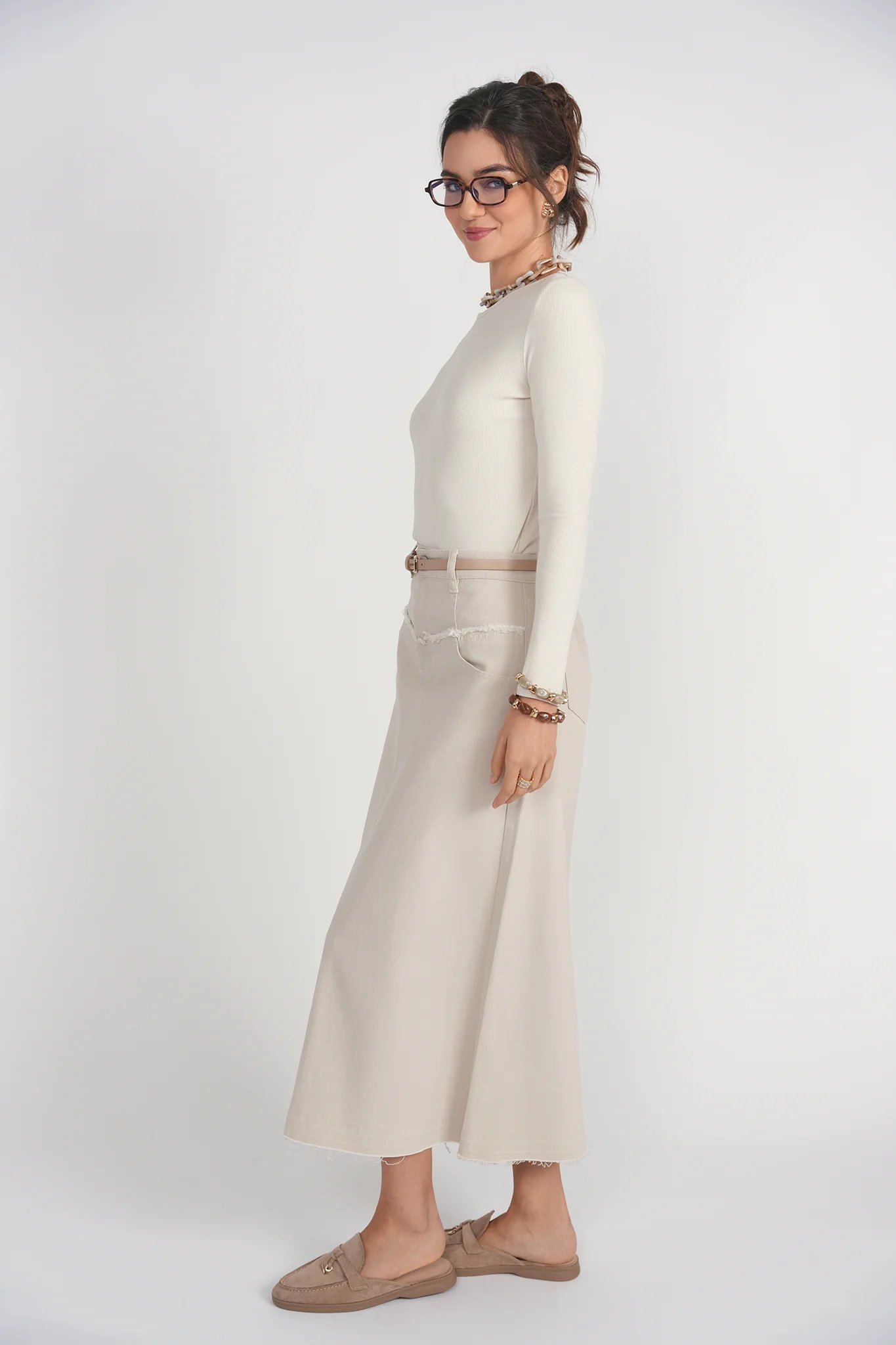 Fray Detail Denim Skirt- Stone - Image 3