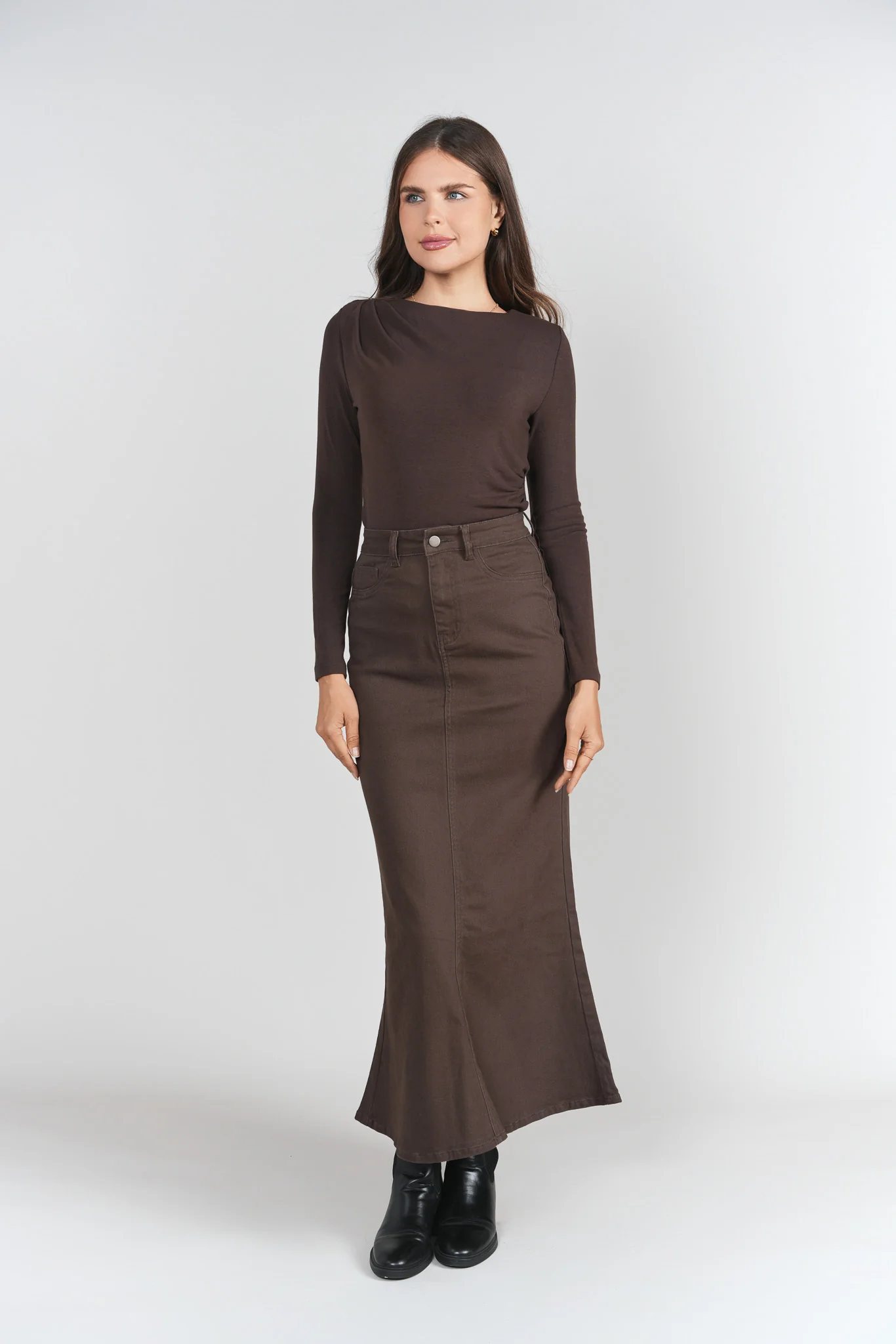 Mermaid Denim Maxi Skirt- Brown - Image 4