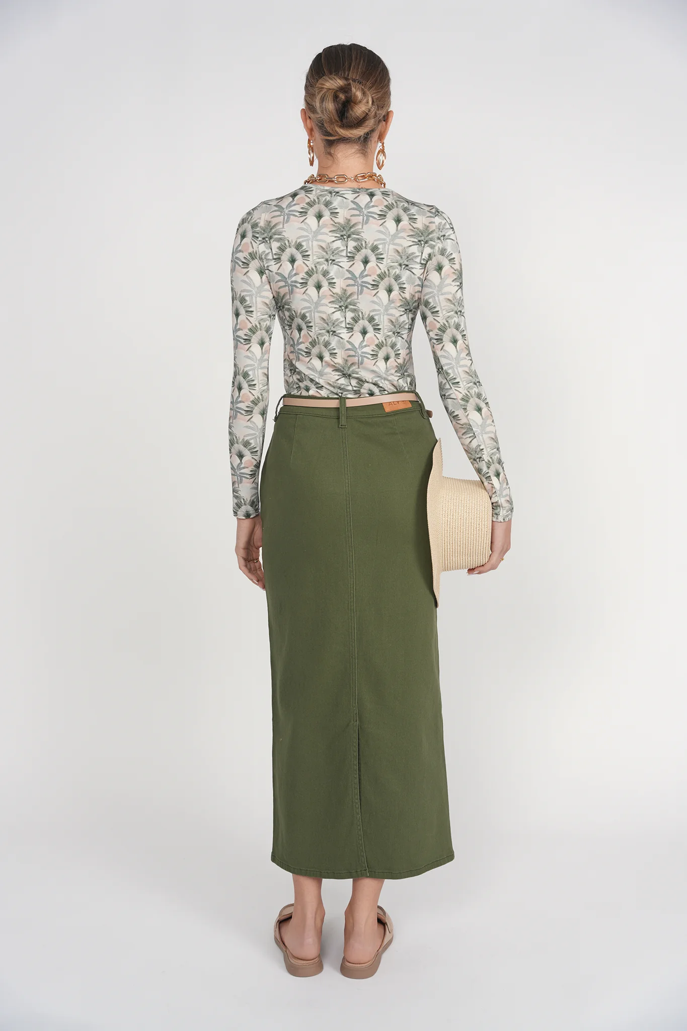 Straight Denim Skirt- Olive - Image 5