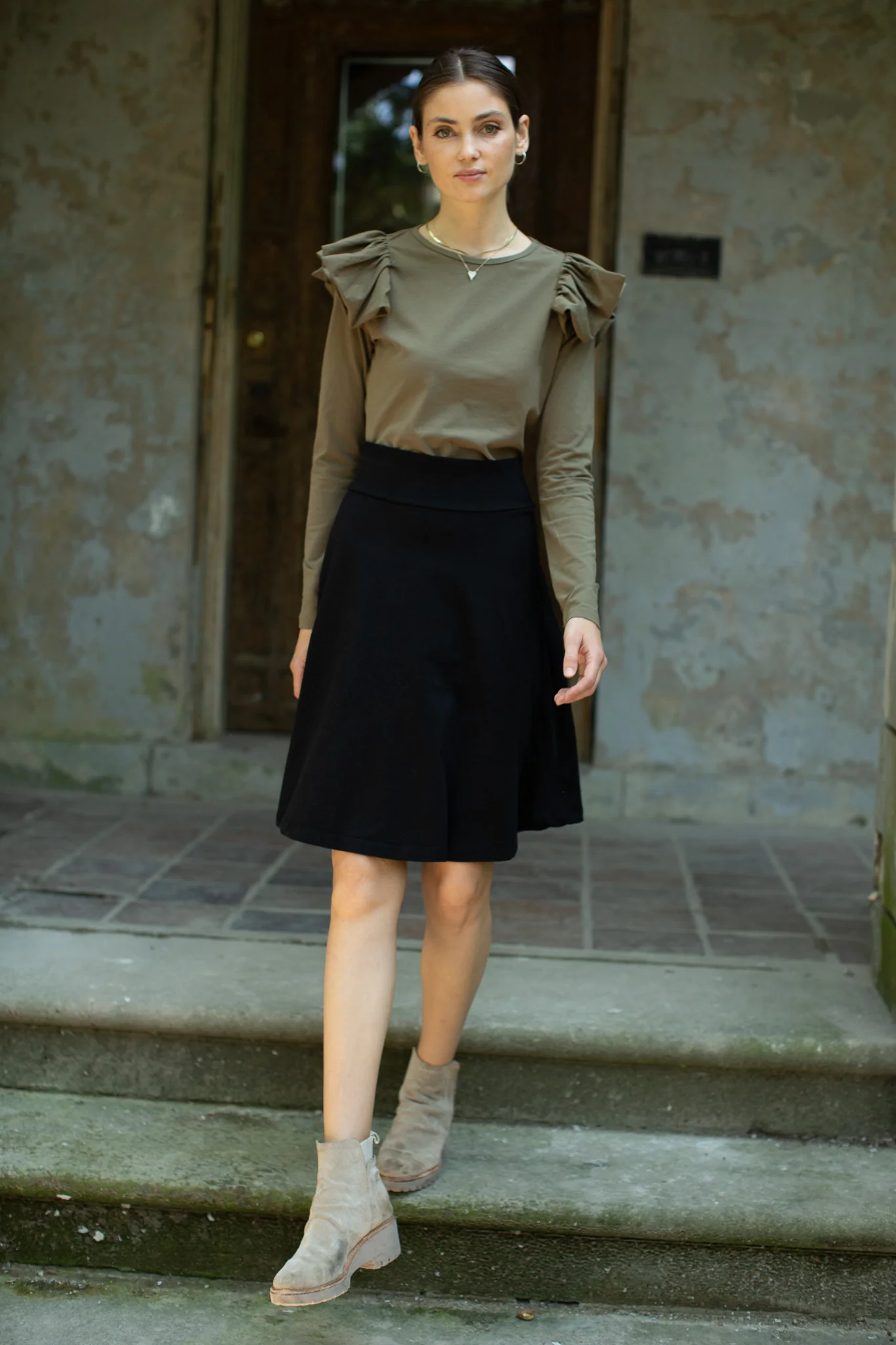 Ruffle Shoulder Long Sleeve Tee- Moss - Image 3