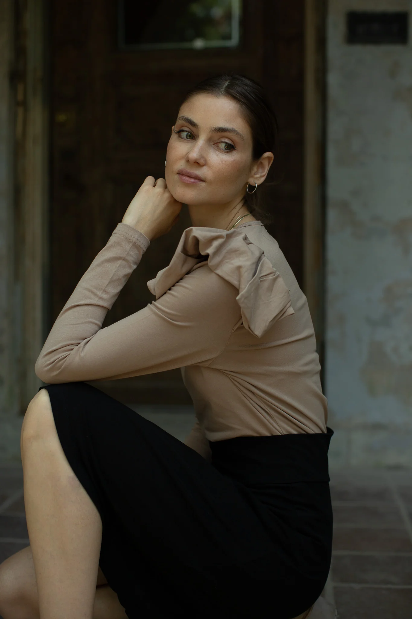 Ruffle Shoulder Long Sleeve Tee- Taupe - Image 3