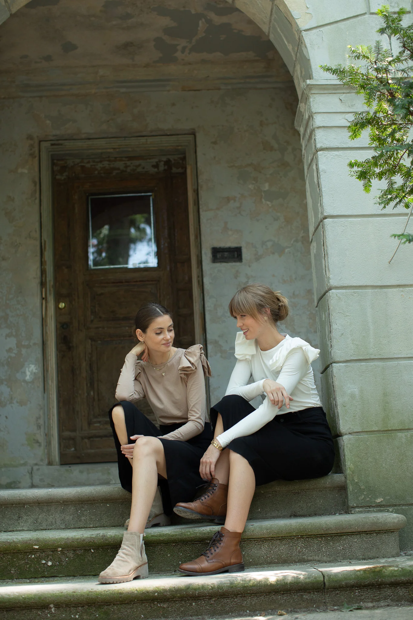 Ruffle Shoulder Long Sleeve Tee- Taupe - Image 4