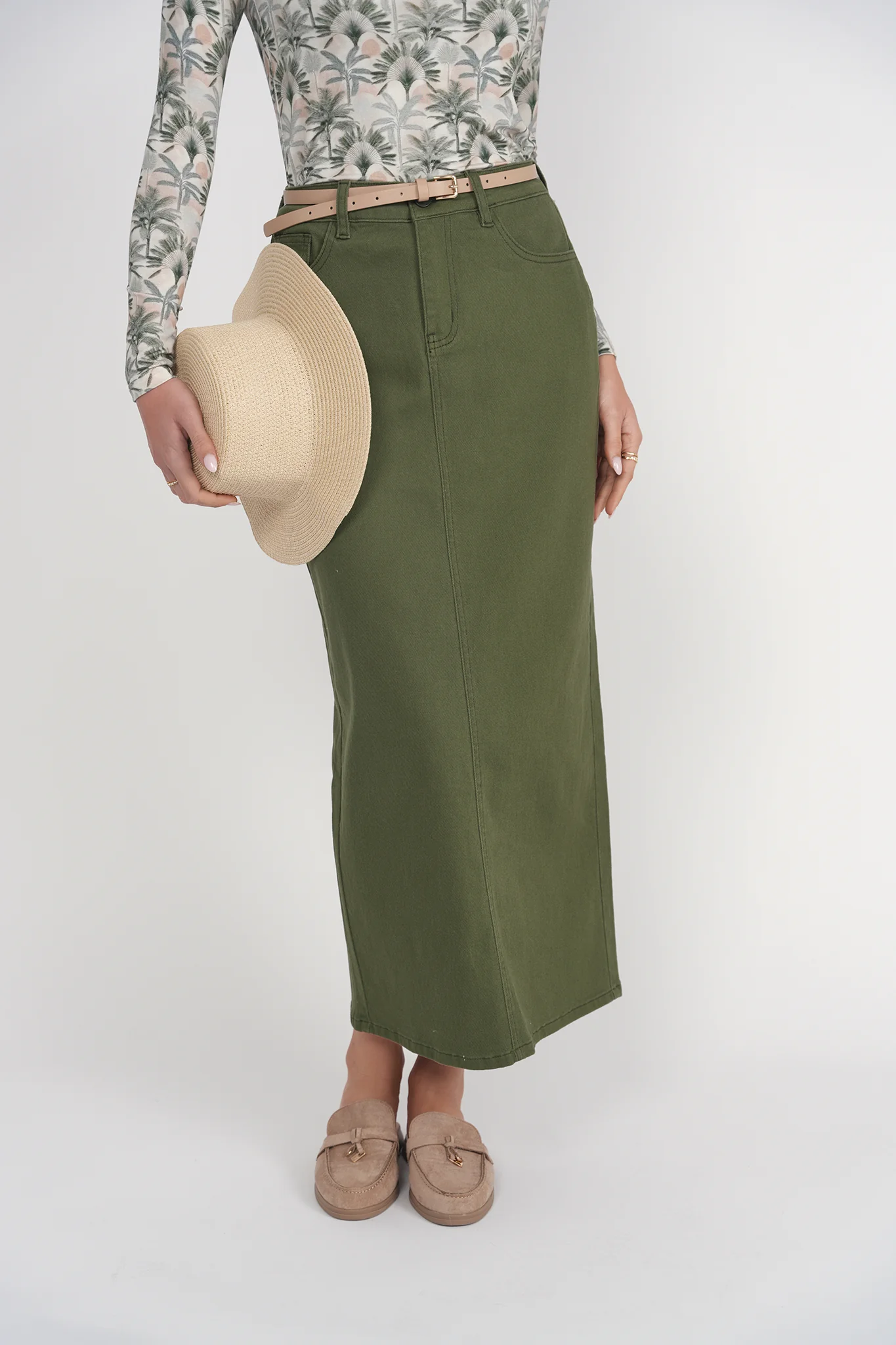 Straight Denim Skirt- Olive - Image 3