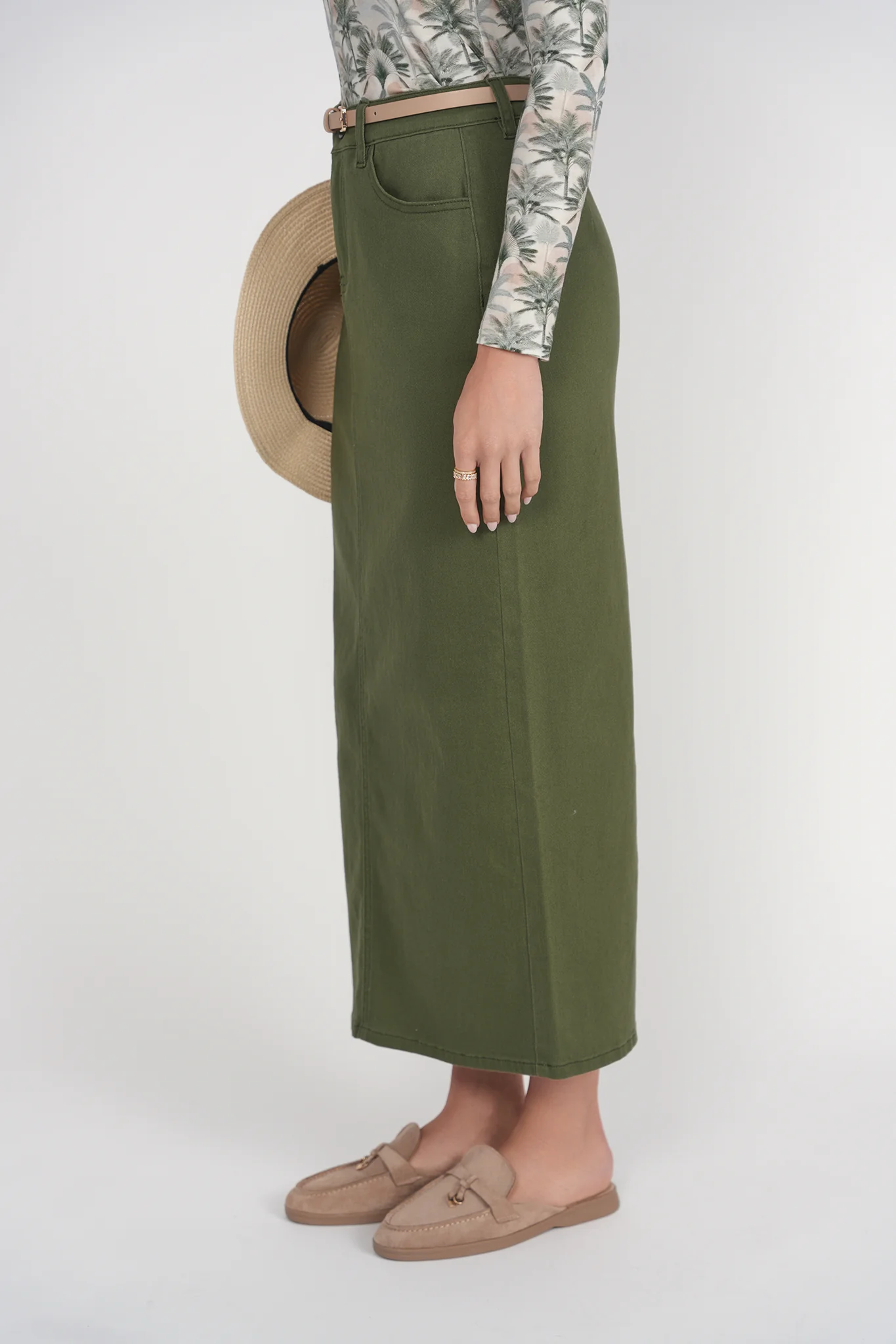 Straight Denim Skirt- Olive - Image 4